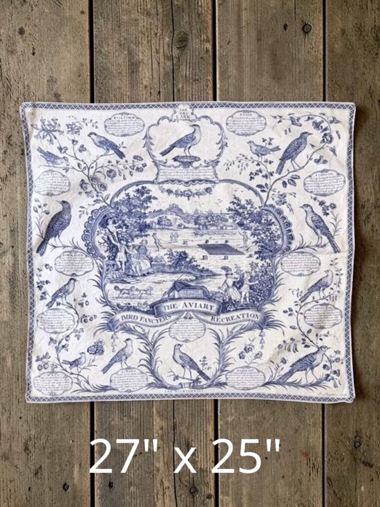 None Other - Vintage Aviary Bird Toile Textile Blue White Chinoiserie Wall Art J Laughton